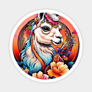 Llama in Floral Crown: A Serene Portrait Magnet